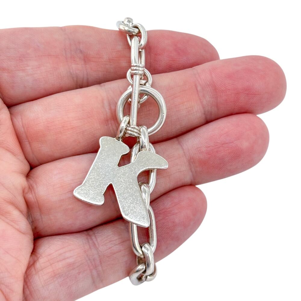 Vintage Mexico Sterling Silver 925 Chunky Chain "K" Initial Charm Bracelet 7.5"
